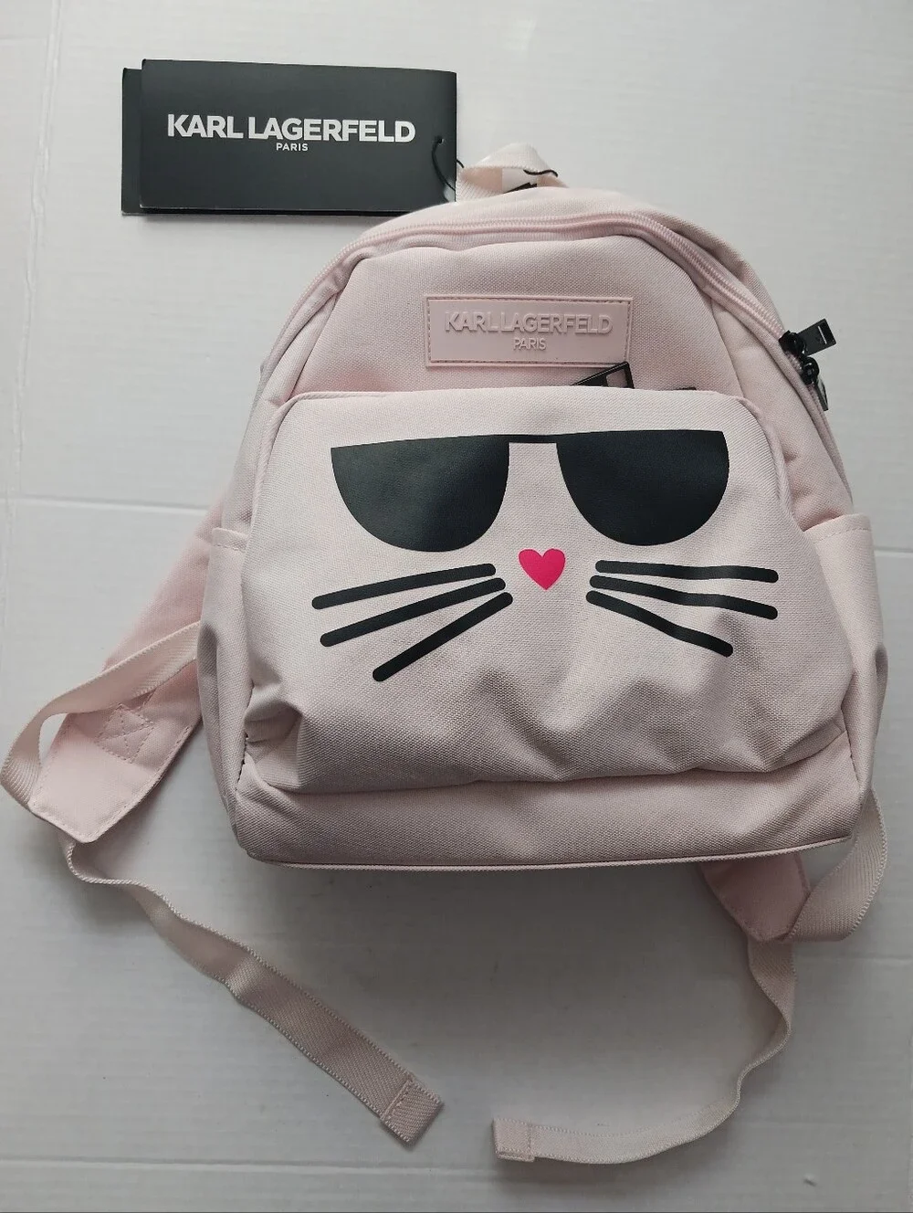 NWT- Karl Lagerfeld Paris Pink Cat Mini Backpack 12.25in Tall Logo Lined